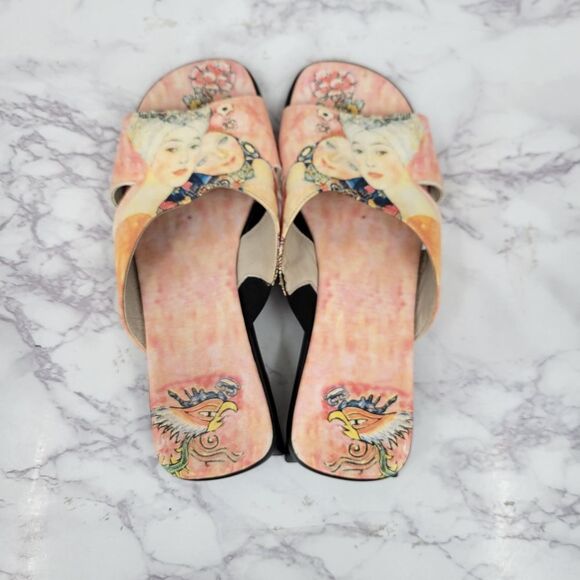 Icon Gustav Klimt Women Friends Leather Kitten Heel Sandals Wearable Art - Picture 4 of 11